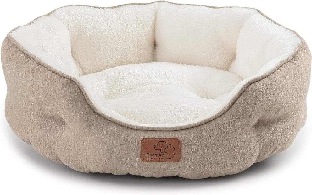 Bedsure Large Cat Bed Washable - Cat Bed for Indoor Cats and Kitten, Small Cat Bed Sofa with Slip-Resistant Bottom for Puppy Dogs, Round, Camel, 51x48x15cm