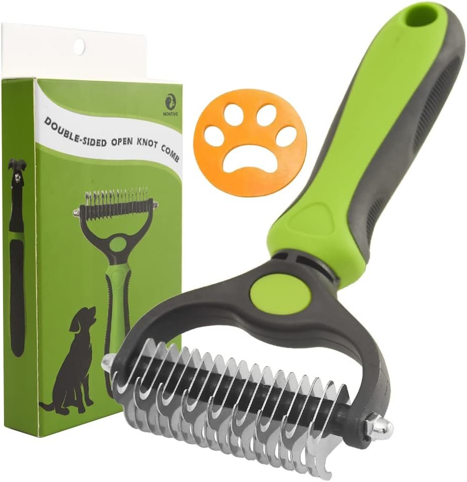 MONTIVO Dog Grooming Tool Undercoat Rake for Dogs Cats - Double-Sided Dog Grooming Brush for Detangling to Gently and Effectively Remove Mats, Knots, and Tangles (Green)