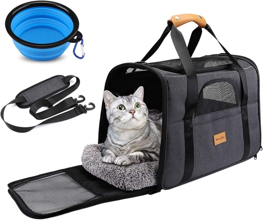 morpilot Cat Carrier, Portable Pet Carrier Bag for Cats and Small Dogs, Foldable Soft Sided Cat Transport Carrier, Airline Approved Pet Travel Carrier with Shoulder Strap, Removable Mat and Pet Bowl