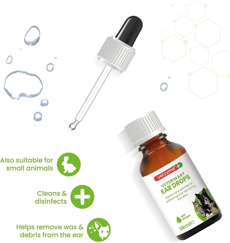 Vetzyme | Antibacterial Dog Ear Drops | Also Suitable for Cats Small Pets | Fights Infection Soothes Irritation (18 ml)