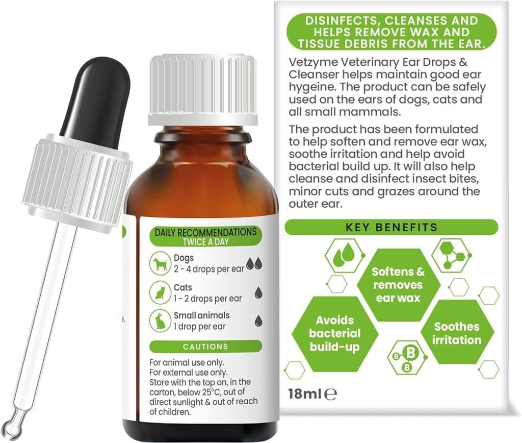 Vetzyme | Antibacterial Dog Ear Drops | Also Suitable for Cats Small Pets | Fights Infection Soothes Irritation (18 ml)