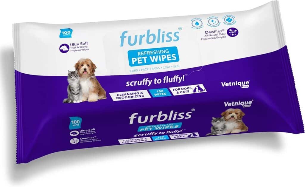 Furbliss Hygienic Pet Wipes for Dogs Cats, Cleansing Grooming Deodorizing Hypoallergenic Thick Wipes with All Natural Deoplex Deodorizer, Refreshing Scent - by Vetnique Labs (100ct)