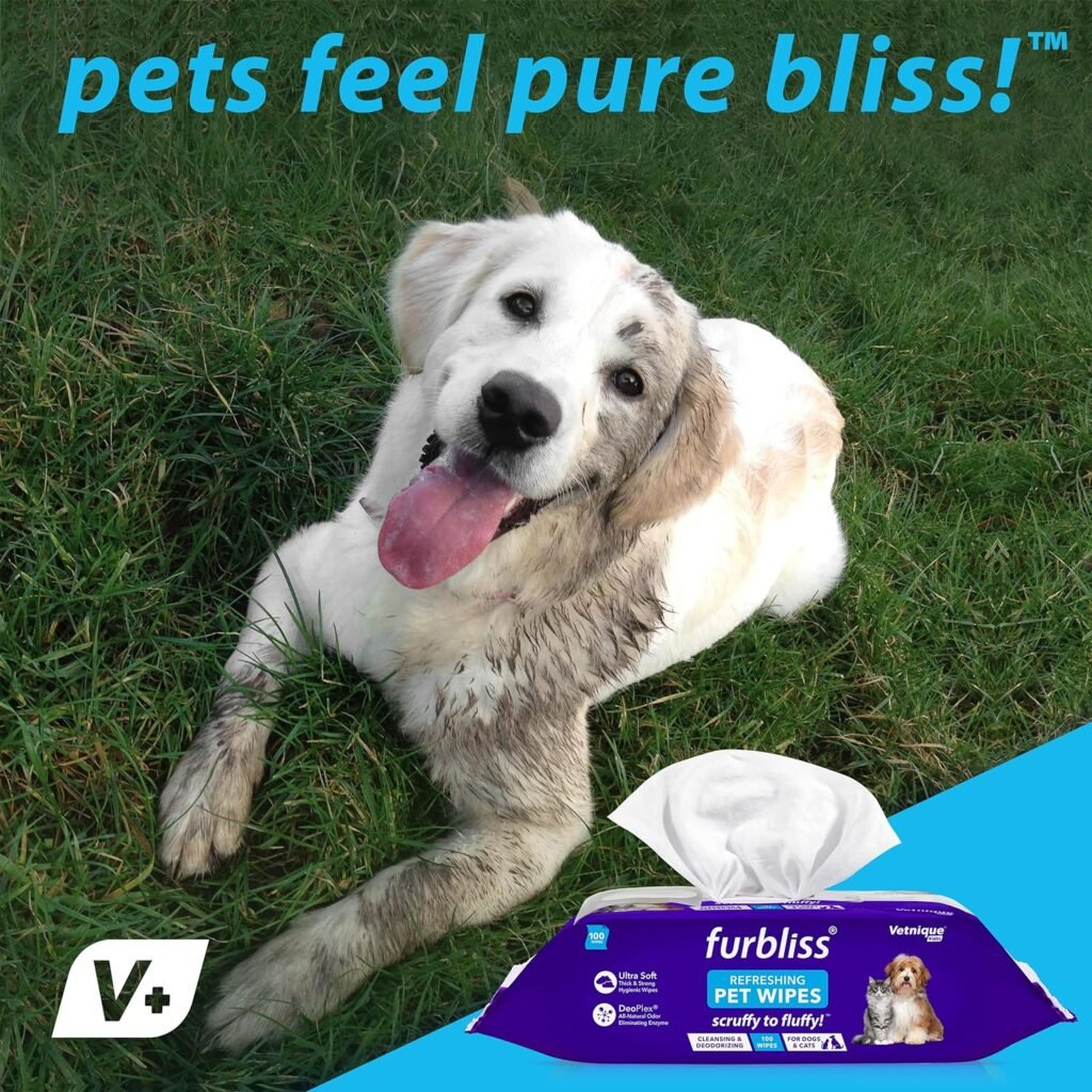 Furbliss Hygienic Pet Wipes for Dogs Cats, Cleansing Grooming Deodorizing Hypoallergenic Thick Wipes with All Natural Deoplex Deodorizer, Refreshing Scent - by Vetnique Labs (100ct)